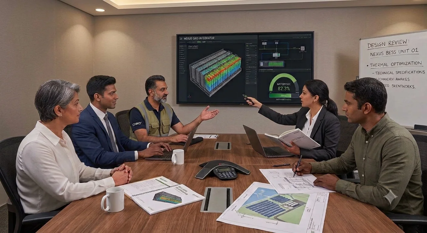 ZYNTRA leadership team in a design review meeting discussing thermal optimisation for a BESS unit