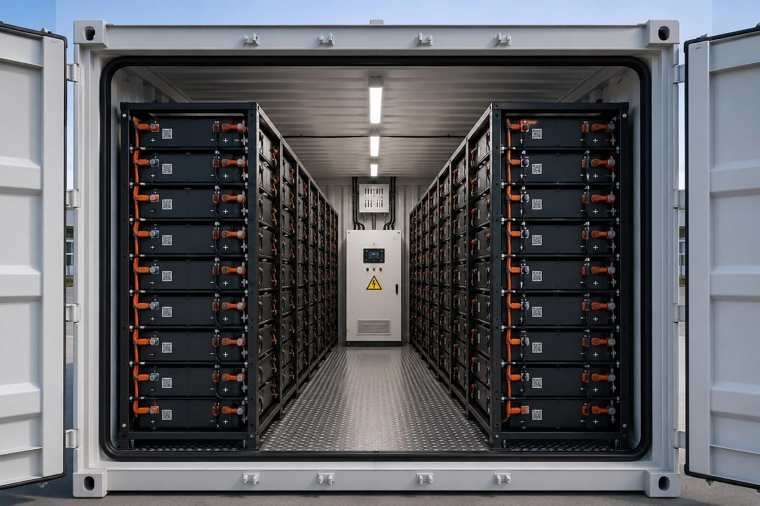 Interior of a ZYNTRA containerised battery energy storage system, rows of LFP battery racks connected by orange busbars