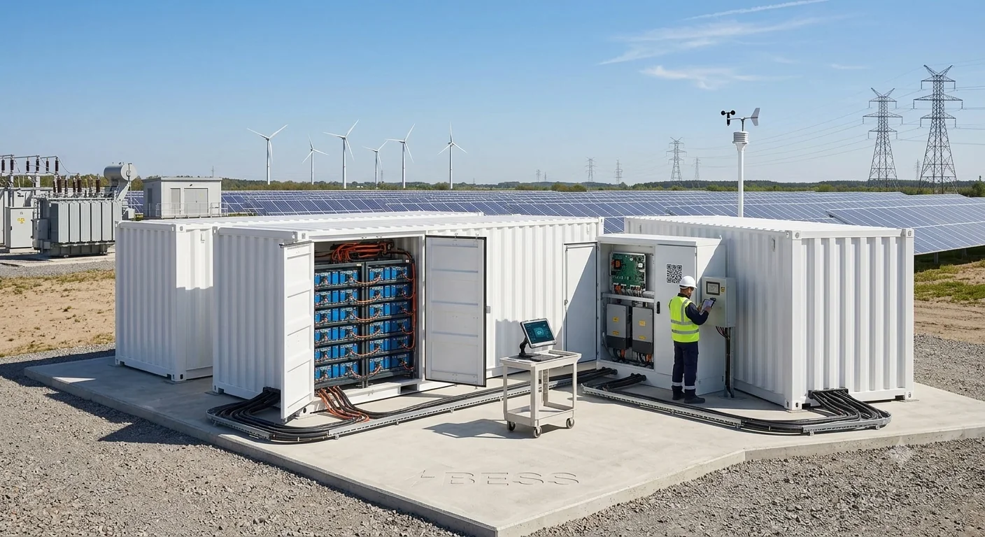 ZYNTRA+ containerised battery energy storage system with battery racks visible, deployed at an industrial site with wind turbines