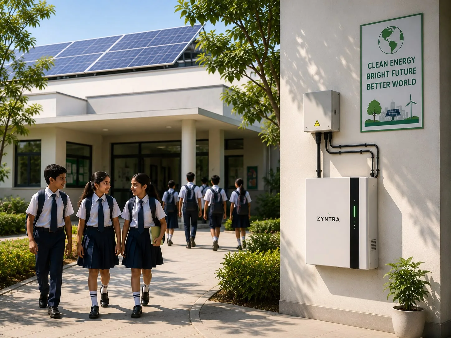 ZYNTRA commercial battery energy storage unit wall-mounted outside a school building with solar panels on the roof