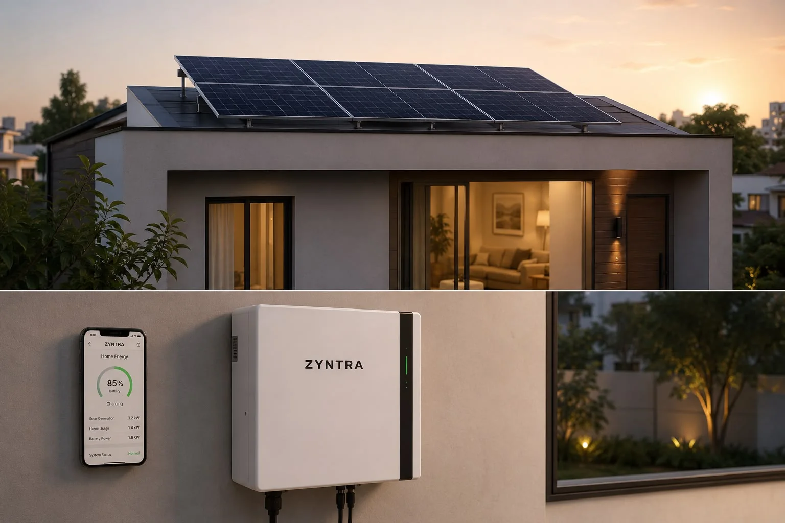 ZYNTRA smart home battery storage system mounted outdoors with a smartphone app showing live solar generation and battery charge