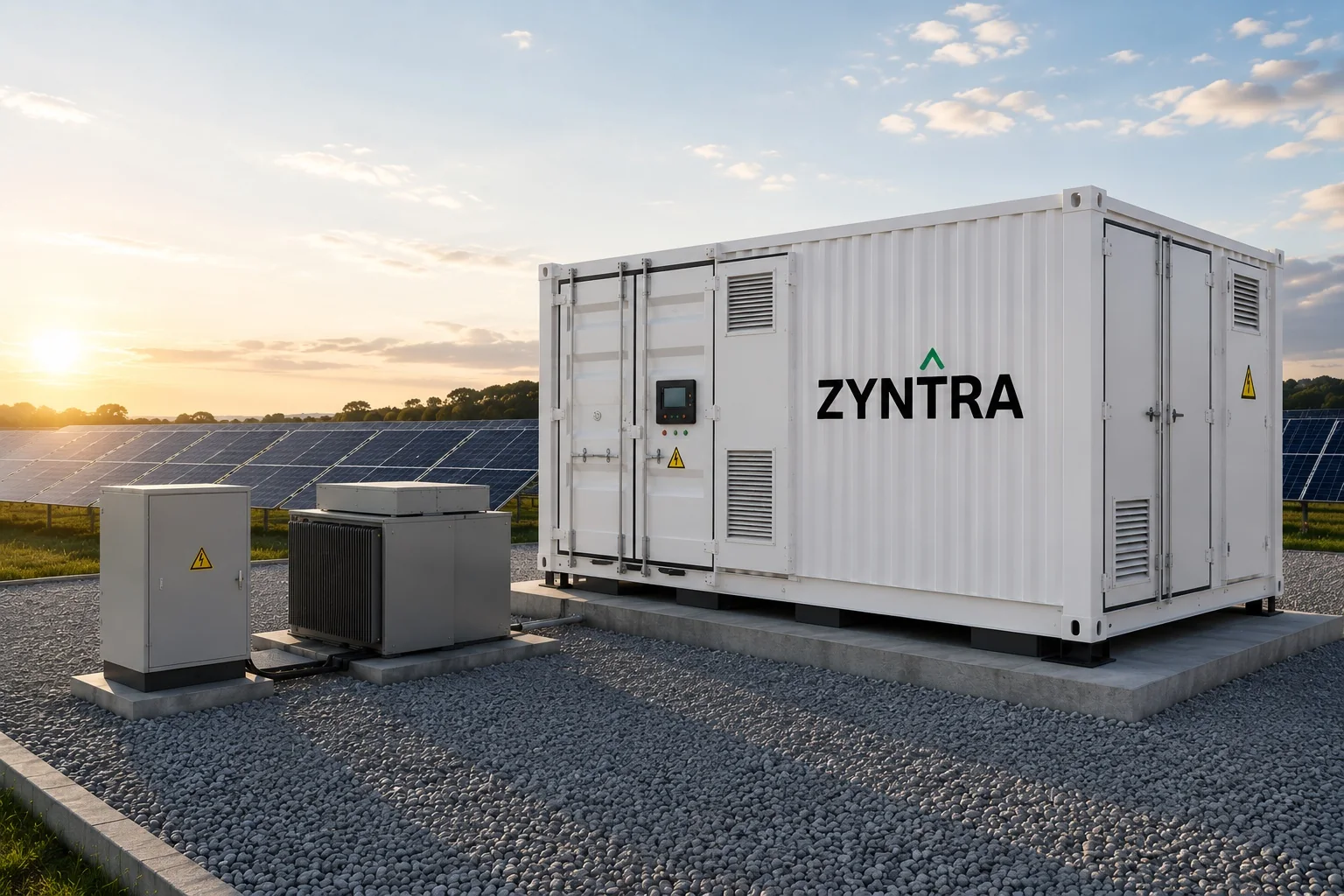 ZYNTRA containerised battery energy storage unit at a solar farm at sunset, representing intelligent energy storage