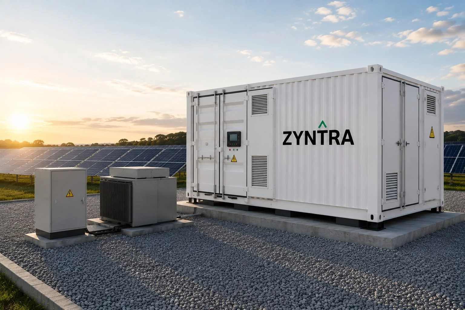 Standalone ZYNTRA+ containerised battery storage unit at a solar park at sunset, representing an off-grid microgrid deployment