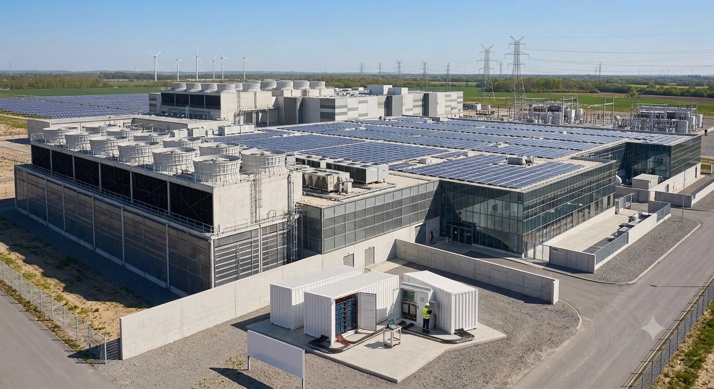 Aerial view of a data centre with rooftop solar panels and a ZYNTRA+ containerised battery storage unit on site