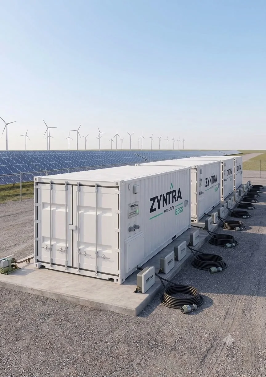 Row of ZYNTRA containerised battery energy storage units at a solar and wind farm