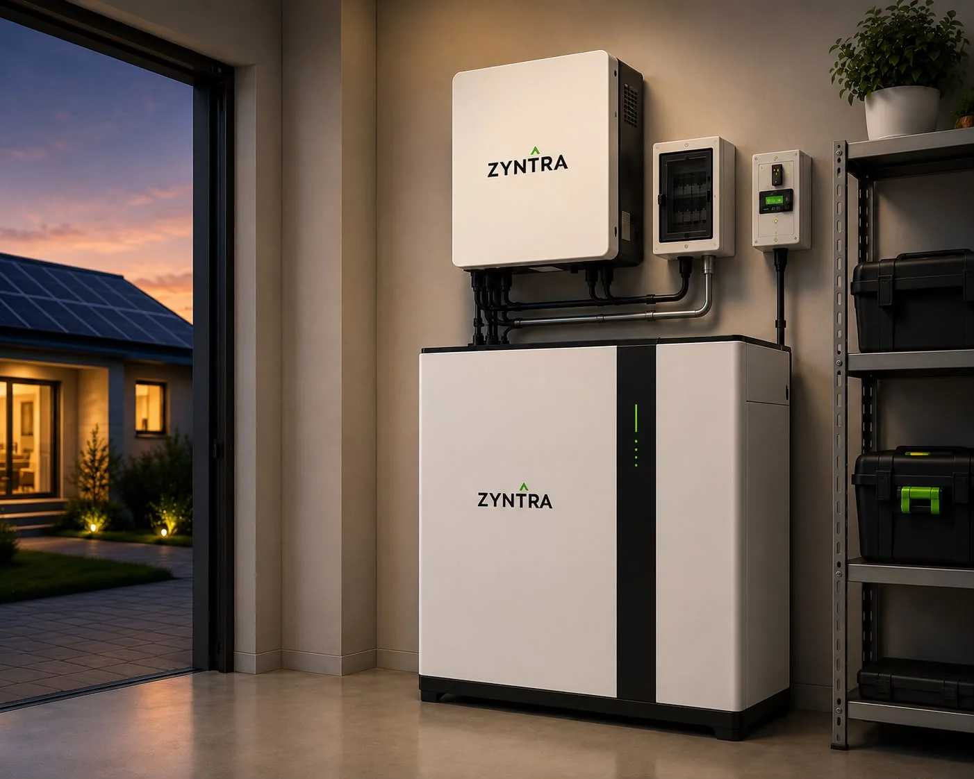 ZYNTRA residential battery energy storage system mounted in a home garage at dusk with a solar-equipped house visible outside
