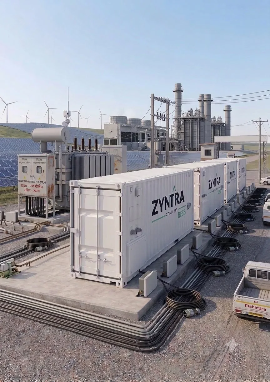Row of ZYNTRA+ containerised battery energy storage units installed beside a utility substation and wind turbines