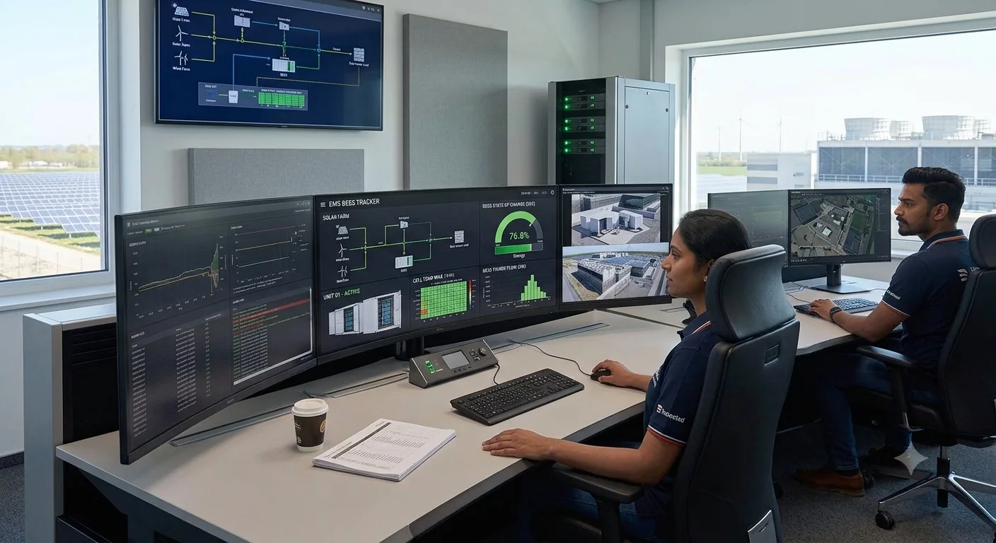 ZYNTRA control room with engineers monitoring BMS dashboards showing cell temperature, state of charge and thermal data