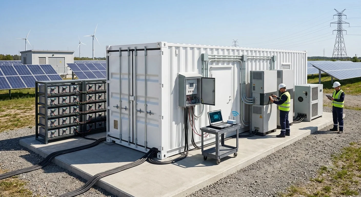 Engineers commissioning a ZYNTRA containerised battery energy storage system at a solar and wind farm