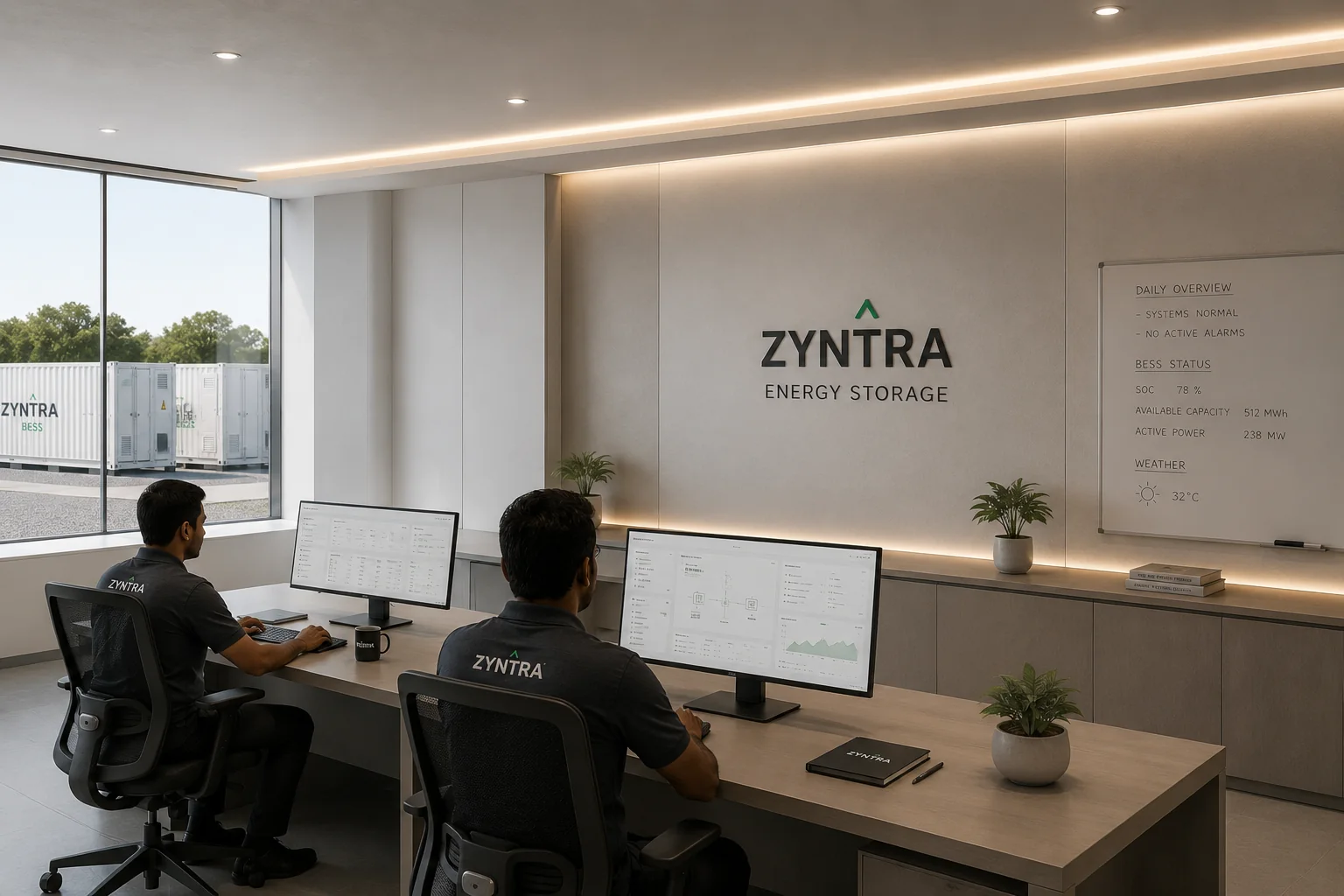 ZYNTRA engineers monitoring live BESS dashboards in the operations control room, showing state of charge, available capacity and active power, with containerised battery storage visible through the window