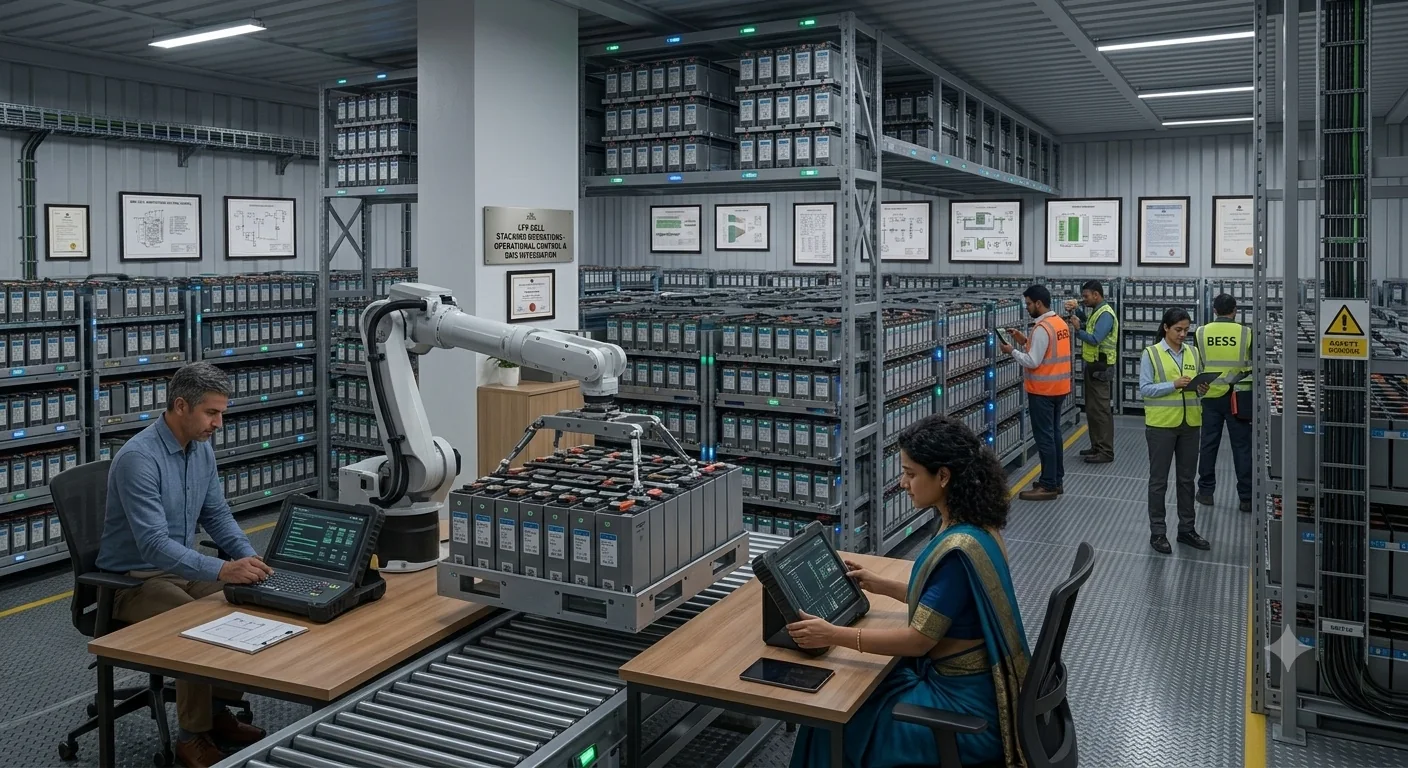 Robotic cell-stacking line in a ZYNTRA LFP battery manufacturing facility, with technicians monitoring quality control
