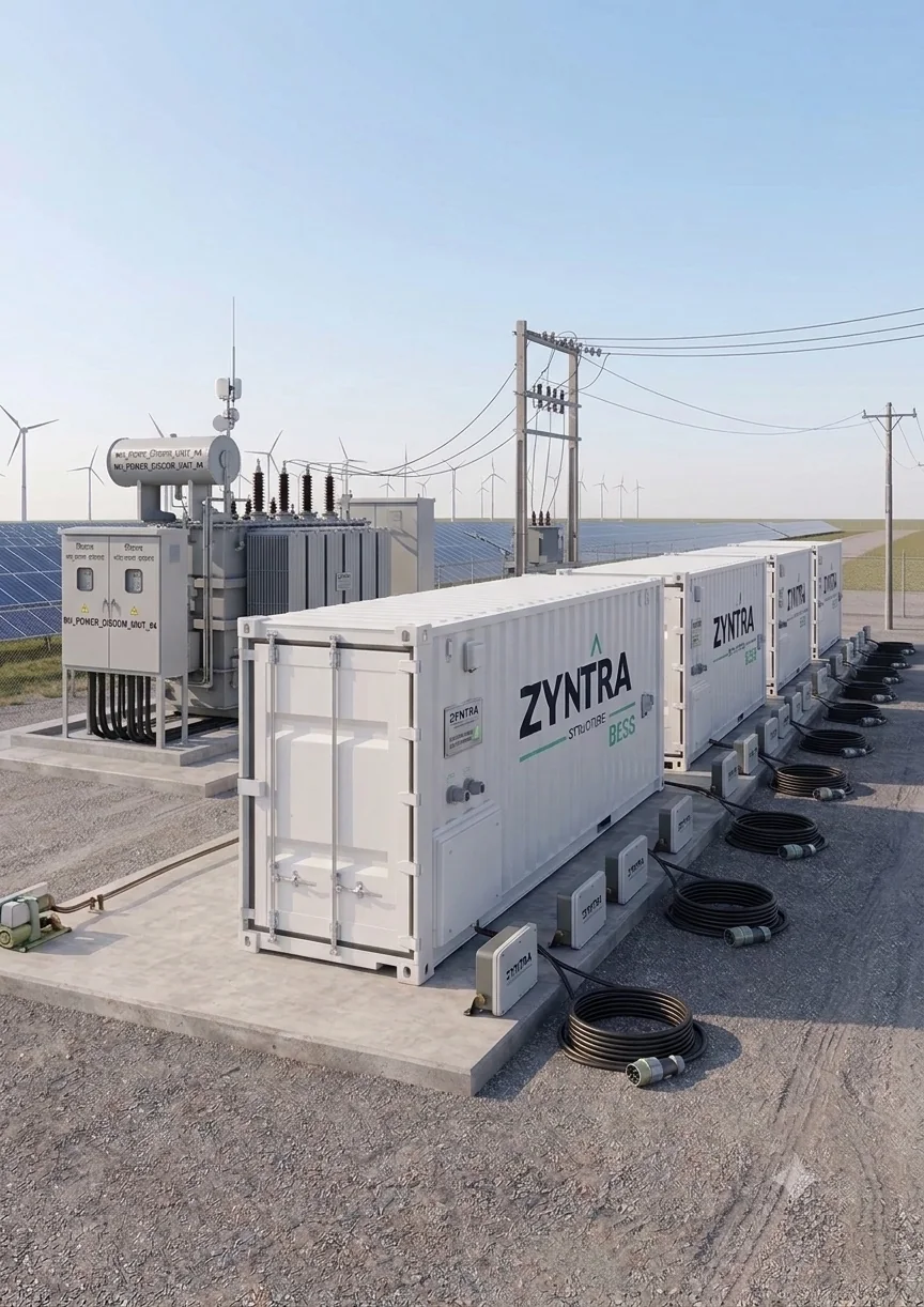 ZYNTRA+ containerised battery energy storage units at a solar and wind farm substation