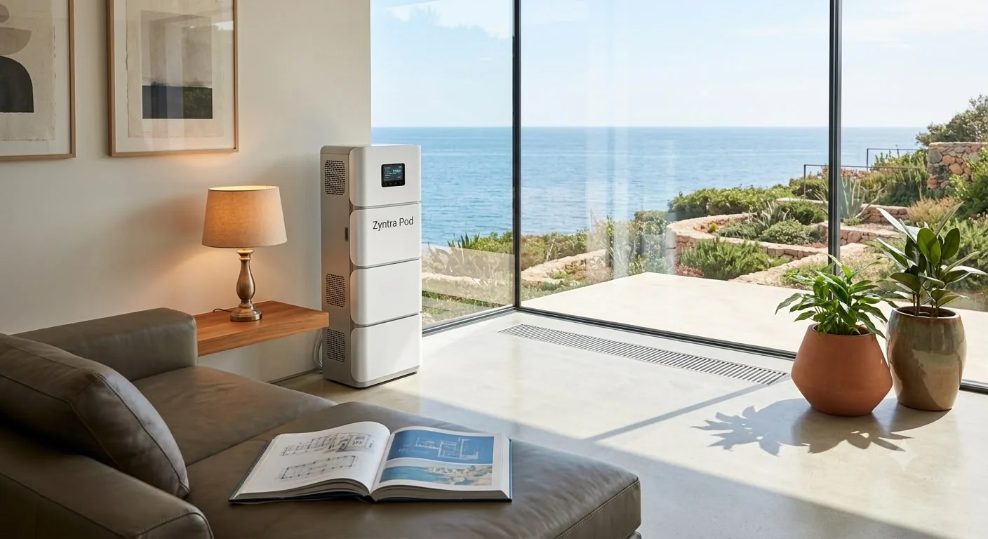 ZyntraPOD all-in-one battery and inverter unit installed in a modern coastal living room